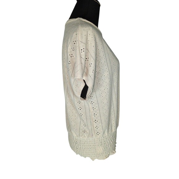 Blouse S Women's Beige Eyelet Banded Waist Short Sleeve Casual Easy to Wear - Picture 3 of 8